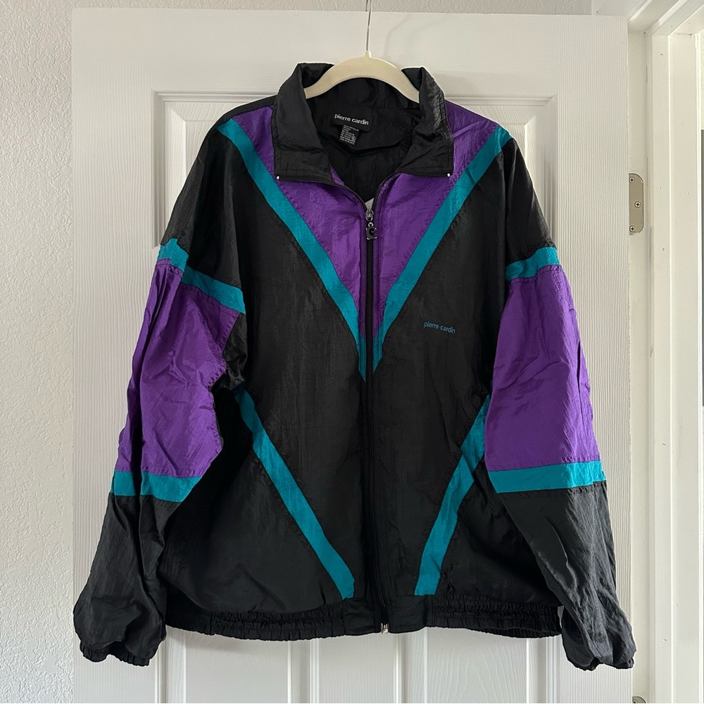 Pierre Cardin Vintage Windbreaker Black Purple Blue Size XL 80s Funky